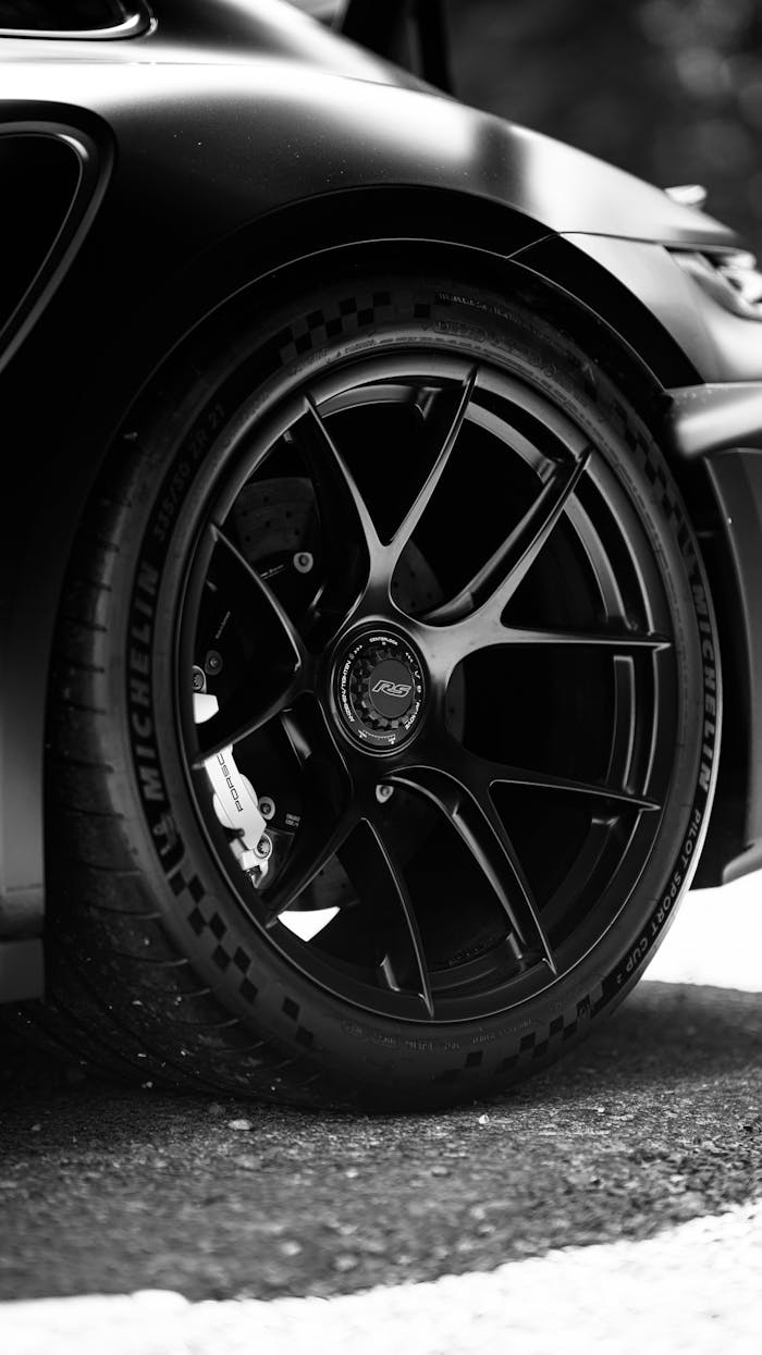 gallery-6 Black and white close-up of a sleek sports car wheel, showcasing its detailed design.